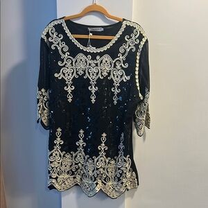 Elegant Black and Cream Embroidered Women's Top